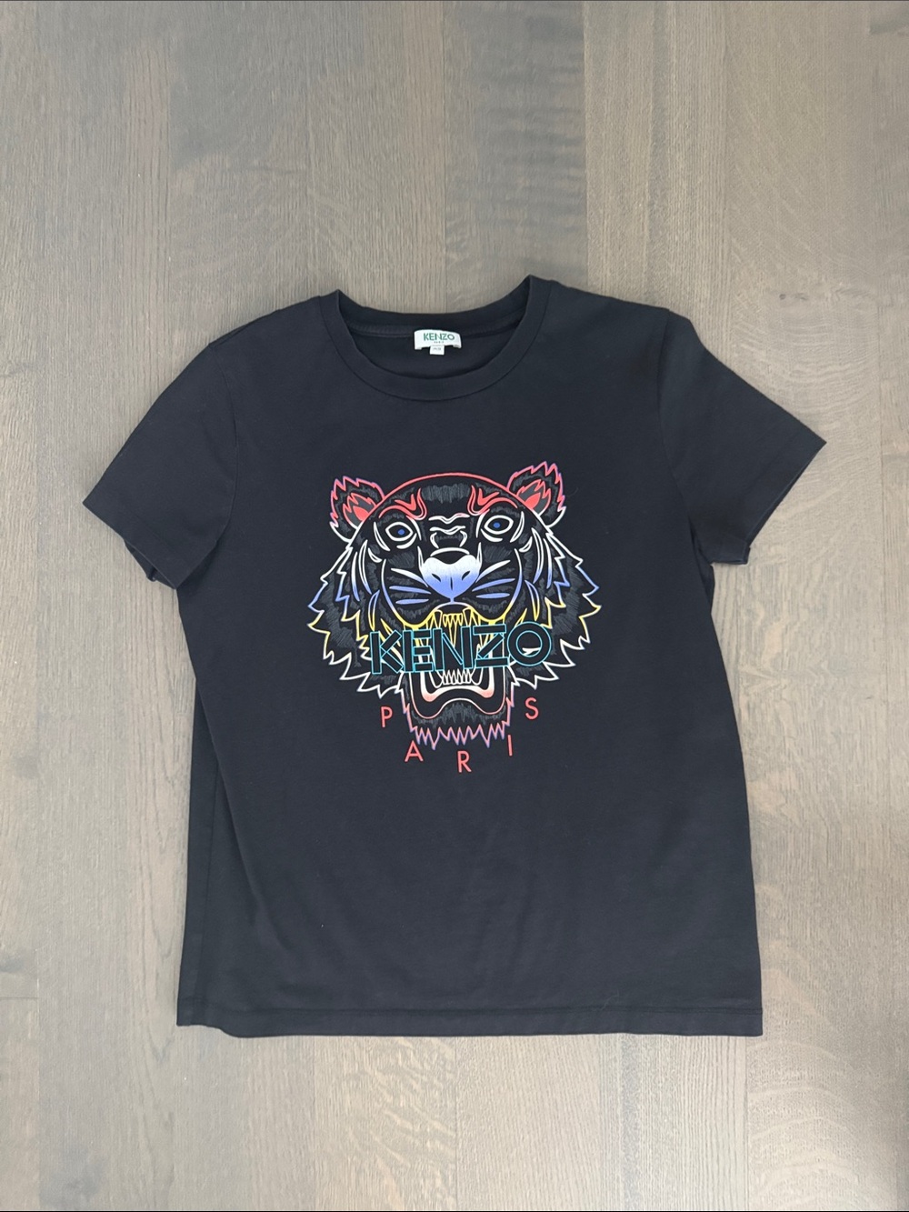 Kenzo women Black Tee with Rainbow Tiger Graphic, Size XS